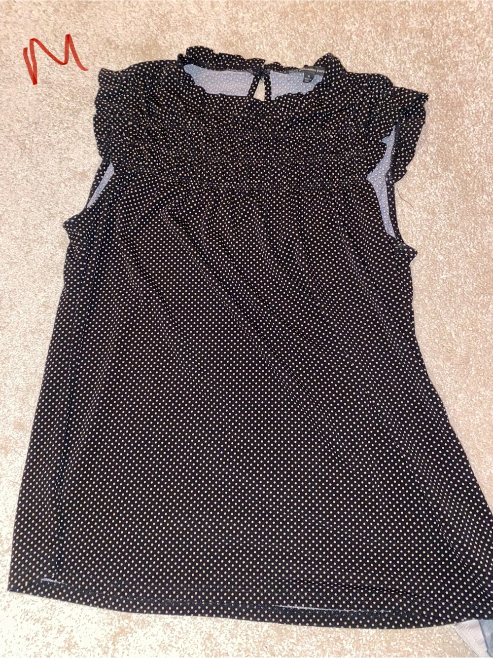 Sleeveless Black Polka Dot Smocked Neck Top